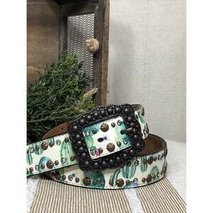 Angel Ranch Western Belt Womens Cream Color Cactus Print Rhinestones & Studs, M